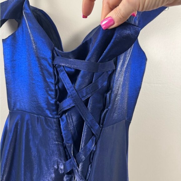 Elegant Navy Blue Gown Size 4 Shimmer Off‑Shoulder A‑Line High Slit Lace‑Back - Picture 12 of 16
